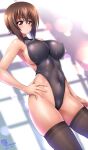  1girl bangs black_legwear black_leotard breasts brown_eyes brown_hair commentary_request contrapposto covered_navel disconnected_mouth girls_und_panzer hand_on_hip highleg highleg_leotard kamogawa_tanuki large_breasts leotard looking_at_viewer nishizumi_maho short_hair solo standing thighhighs turtleneck 
