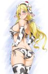  1girl akimoto_dai animal_ears animal_print artist_name ass beret bikini blonde_hair blue_eyes butt_crack commentary_request covered_nipples cow_ears cow_horns cow_print cowboy_shot dated elbow_gloves fake_animal_ears fake_horns from_behind gloves hair_between_eyes hat highres horns kantai_collection long_hair mole mole_under_eye mole_under_mouth pom_pom_(clothes) richelieu_(kantai_collection) side-tie_bikini solo standing swimsuit thighhighs white_bikini white_gloves white_headwear white_legwear 