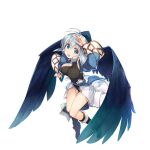  1girl amazuyu_tatsuki arm_up blue_eyes blue_wings boots breasts eyebrows_visible_through_hair feathered_wings full_body hand_on_own_head highres kamyu large_breasts long_sleeves looking_at_viewer official_art open_mouth short_hair silver_hair solo transparent_background utawareru_mono utawareru_mono:_lost_frag wings 