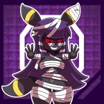  2021 absurd_res anthro bandage black_body black_eyes black_fur breasts digital_media_(artwork) eeveelution eyewear fangs female fur glasses hair halloween hi_res holidays icon long_hair looking_at_viewer luneiumbreon_(mintyspirit) mammal mintyspirit mummy mummy_costume nintendo pok&eacute;mon pok&eacute;mon_(species) purple_hair red_eyes red_sclera ring smile solo thick_thighs umbreon undead video_games wide_hips 