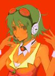  1girl bangs breasts cleavage commentary detached_collar goggles goggles_on_head green_eyes green_hair gumi hands_up headphones headset highres ineuoy looking_at_viewer medium_breasts microphone red_background short_hair simple_background sleeveless solo upper_body vocaloid wrist_cuffs 