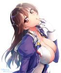 1girl artist_name ashigara_(kantai_collection) breasts brown_eyes brown_hair cleavage commentary_request cover cover_page doujin_cover gloves hairband head_tilt horned_headwear ishihara_masumi juliet_sleeves kantai_collection large_breasts long_hair long_sleeves looking_at_viewer open_clothes open_shirt puffy_sleeves remodel_(kantai_collection) shirt simple_background solo twitter_username uniform upper_body white_background white_gloves white_shirt 