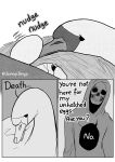  ambiguous_gender anatid animated_skeleton anseriform anserinae avian bird bone comic death_(personification) duo egg english_text feral greyscale jenny_jinya loving_reaper monochrome skeleton swan text undead 