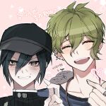  2boys amami_rantarou bangs baseball_cap black_headwear black_jacket blush closed_eyes collarbone commentary danganronpa_(series) danganronpa_v3:_killing_harmony ear_piercing earrings eyebrows_visible_through_hair facing_viewer finger_heart green_hair grin hat heart jacket jewelry looking_at_viewer male_focus multiple_boys necklace open_mouth piercing pink_background portrait raonal97 saihara_shuuichi short_hair smile sweat translation_request upper_body 