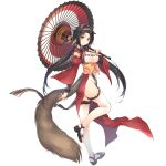  1girl animal_ears black_hair breasts carrying_over_shoulder cleavage closed_mouth detached_sleeves fang full_body hairband highres long_hair medium_breasts official_art parasol pelvic_curtain red_eyes sandals solo tail thighhighs transparent_background twintails umbrella utawareru_mono utawareru_mono:_lost_frag white_legwear wide_sleeves 