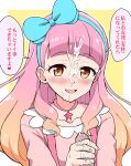  1girl after_fellatio after_oral aikatsu!_(series) aikatsu_friends! bangs blouse blue_bow blue_hairband blunt_bangs blush border bow brown_eyes choker collarbone cum cum_in_mouth cum_on_hair erection eyebrows_visible_through_hair facial gradient_hair hair_bow hairband hetero long_hair looking_at_viewer multicolored_hair open_mouth orange_hair outside_border penis penis_grab pink_blouse pink_hair saliva simple_background smile solo_focus speech_bubble star_(symbol) star_choker suspenders translation_request upper_body white_border yellow_background yoban yuuki_aine 