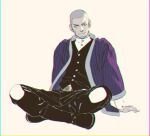  1boy black_vest buzz_cut crossed_legs facial_hair full_body goatee golden_kamuy grey_hair head_tilt jacket long_sleeves looking_at_viewer male_focus open_clothes open_jacket shiraishi_yoshitake short_hair sideburns simple_background sitting smile solo very_short_hair vest w55674570w 