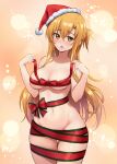  1girl :o acso asuna_(sao) bangs bare_arms bare_shoulders blonde_hair bobblehat bow braid breasts cleavage collarbone commentary_request cowboy_shot eyebrows_visible_through_hair fur-trimmed_headwear hair_between_eyes hat highres holding looking_at_viewer medium_breasts mixed-language_commentary naked_ribbon navel open_mouth orange_background orange_eyes red_bow red_headwear red_ribbon ribbon santa_hat solo stomach sword_art_online thigh_gap wide_hips 
