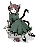  1girl animal_ears bangs black_bow black_footwear black_tail bow bowl box braid cardboard_box cat_ears cat_food cat_tail closed_mouth crossed_legs dress extra_ears frilled_dress frills full_body green_dress hair_bow hand_on_own_knee highres kaenbyou_rin long_hair long_sleeves looking_at_viewer multiple_tails peroponesosu. red_eyes red_hair red_nails shoe_bow shoes side_braids simple_background sitting solo tail touhou twin_braids two_tails v-shaped_eyebrows white_background white_legwear 