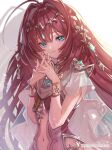  1girl blue_eyes bracelet center_opening highres humanization jewelry long_hair mipha nail_polish red_hair shuri_(84k) smile solo the_legend_of_zelda the_legend_of_zelda:_breath_of_the_wild tiara upper_body very_long_hair 