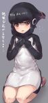 adelie_penguin_(kemono_friends) black_hair black_sweater blush commentary_request dress eyebrows_visible_through_hair flying_sweatdrops grey_background headphones highres kemono_friends multicolored_hair orange_eyes red_hair seiza short_hair sidelocks sitting sweater sweater_dress tadano_magu translation_request two-tone_sweater white_sweater 