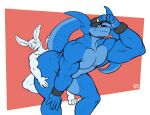  absurd_res anthro blue_body blue_eyes buckteeth clothing duo from_behind_position fur hand_on_knee hand_on_leg hat hat_tip headgear headwear hi_res lagomorph leporid lizard looking_at_another male male/male mammal muscular muscular_anthro muscular_male nude rabbit raised_tail reptile scalie sex simple_background sizable_danger size_difference teeth white_body white_fur xe 