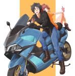  1boy 1girl absurdres back-to-back black_hair blue_eyes boots brown_eyes bubble_tea drink drinking_straw eating food ground_vehicle highres holding holding_drink holding_food kuon_(08080018) mikado_reo mikagami_mimika moped motor_vehicle open_mouth red_hair short_hair sitting soukyuu_no_fafner 