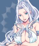  1girl aoji_(pixiv951678) aqua_eyes armlet breasts cleavage commentary_request dress earrings gensou_suikoden gensou_suikoden_ii highres jeane jewelry large_breasts long_hair revealing_clothes silver_hair sleeveless sleeveless_dress solo twitter_username very_long_hair white_dress 