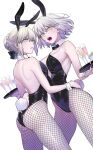  2girls absurdres animal_ears arm_around_waist artoria_pendragon_(all) ass back backless_leotard bangs bare_arms bare_shoulders black_bow black_legwear black_leotard black_neckwear blonde_hair blush bow bowtie breasts bunny_ears bunny_tail champagne_flute cleavage cup detached_collar drinking_glass dutch_angle eyebrows_visible_through_hair fake_animal_ears fake_tail fate/grand_order fate_(series) fishnet_legwear fishnets hair_bow hair_bun highres holding holding_tray jeanne_d&#039;arc_(alter)_(fate) jeanne_d&#039;arc_(fate)_(all) leotard looking_at_viewer looking_back medium_breasts multiple_girls nail_polish nipi27 open_mouth pantyhose parted_lips playboy_bunny red_nails saber_alter short_hair silver_hair simple_background strapless strapless_leotard tail thighs tray v-shaped_eyebrows white_background wrist_cuffs 