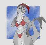  2020 akweer athletic bikini blue_eyes clothed clothing female fish grin looking_at_viewer marine mohawk multi_coloured_body multicolored_body muscle_female muscular shark shark_tail simple_background smile swimwear teeth two_tone_body 