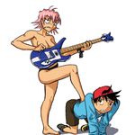  breasts cleavage flcl guitar haruhara_haruko haruko_haruhara instrument nandaba_naota pink_hair short_hair topless yellow_eyes 