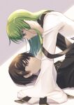  1boy 1girl black_hair black_jacket brown_eyes c.c. code_geass couple eye_contact girl_on_top green_hair grey_background hand_in_another&#039;s_hair jacket lelouch_lamperouge long_hair long_sleeves looking_at_another lying nanase_(nns_6077) on_back parted_lips profile purple_eyes shiny shiny_hair short_hair sleeves_past_fingers sleeves_past_wrists two-tone_background white_background 