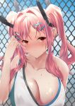  1girl azur_lane bare_shoulders breasts bremerton_(azur_lane) bremerton_(scorching-hot_training)_(azur_lane) chain-link_fence cleavage crop_top fence hair_ornament highres large_breasts light_blush long_hair multicolored_hair no_mole pink_hair red_eyes shirt sleeveless sleeveless_shirt solo sportswear streaked_hair sweat tennis_uniform twintails two-tone_shirt upper_body wet wet_clothes white_shirt x_hair_ornament yami2333 
