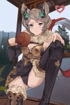  1girl animal_ears armor armored_dress armpits ass_visible_through_thighs black_footwear black_panties black_sleeves boots breasts brown_eyes brown_hair cameltoe cleavage commentary detached_sleeves english_commentary erune fur-trimmed_boots fur_collar fur_trim granblue_fantasy hair_ornament highres iiros ladle leg_lift leg_up looking_at_viewer medium_breasts mole mole_under_mouth panties pantyshot sexually_suggestive short_hair sitting solo spilling suggestive_fluid sutera_(granblue_fantasy) temizu temizuya thigh_boots thighhighs underwear wet wet_clothes 