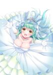  armpit_crease armpit_peek armpits blush bouquet breasts bridal_gauntlets bridal_veil bride dress fate/grand_order fate_(series) flower frilled_dress frilled_skirt frills gauntlets green_hair hand_up highres jewelry kiyohime_(fate/grand_order) lace large_breasts long_dress long_skirt medium_breasts necklace open_mouth pearl_(gemstone) pearl_necklace petals short_hair skirt sleeveless sleeveless_dress smile suzumia_(daydream) veil wedding wedding_dress white_dress white_skirt yellow_eyes 