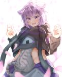  1girl absurdres ahoge animal_ear_fluff animal_ears black_hoodie blush breasts cat cat_ears cat_tail commentary cowboy_shot eyebrows_visible_through_hair fang groin highres hololive hood hoodie large_breasts light_purple_hair long_sleeves looking_down midriff nekomata_okayu onigiri_print open_mouth pants petals purple_eyes purple_pants raised_eyebrow short_hair simple_background skin_fang solo tail temari_(nekomata_okayu) tonntorotororo under_clothes virtual_youtuber white_background 