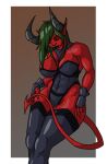  2020 akweer athletic big_breasts breasts clothing corset demon female green_hair hair handwear hi_res horn humanoid_pointy_ears leaning legwear lingerie muscular pointy_tail red_body red_skin shaded simple_background topwear 