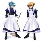  2boys absurdres alternate_costume apron bangs black_footwear black_legwear blue_eyes blue_hair blue_shirt broom brown_eyes brown_hair closed_mouth crossdressing enmaided full_body grin hair_between_eyes hand_in_pocket hands_in_pockets highres holding holding_broom johan_andersen long_hair long_sleeves looking_at_viewer maid mary_janes multicolored_hair multiple_boys natsukusa_(hacho129) shiny shiny_hair shirt shoes simple_background smile two-tone_hair white_apron white_background yu-gi-oh! yu-gi-oh!_gx yuuki_juudai 