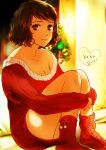  1girl blurry blurry_background breasts brown_hair cleavage closed_mouth collarbone dress heart highres indoors kawakami_sadayo komugi_(mugiwaraclub) leg_hug long_sleeves looking_at_viewer medium_breasts persona persona_5 red_eyes red_footwear red_sweater reflective_eyes shiny shiny_hair short_hair sitting sleeves_past_wrists smile socks solo sweater sweater_dress twitter_username 