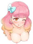  1girl ;p aikatsu!_(series) aikatsu_friends! bangs blue_bow blunt_bangs blush bow breasts collarbone cropped_arms cropped_torso eyebrows_visible_through_hair gradient_hair hair_bow half_updo long_hair looking_at_viewer medium_breasts multicolored_hair nipples nude one_eye_closed orange_hair pink_hair portrait simple_background solo tongue tongue_out upper_body white_background yoban yuuki_aine 