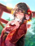  1girl alternate_costume bangs blurry blush breasts commentary_request day eyebrows_visible_through_hair floral_print flower grey_hair hair_between_eyes hair_flower hair_ornament hairband hairclip haruna_(kantai_collection) highres japanese_clothes jewelry kantai_collection kimono large_breasts long_hair long_sleeves looking_at_viewer new_year obi omikuji open_mouth orange_eyes outdoors red_kimono ring sash smile solo torii tsukui_kachou upper_body wedding_band wide_sleeves yukata 