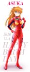  1girl absurdres bangs blue_eyes bodysuit breasts brown_hair character_name closed_mouth dated eva_16-gouki eyebrows_visible_through_hair full_body hair_between_eyes hand_on_hip happy_birthday headgear highres long_hair looking_at_viewer medium_breasts neon_genesis_evangelion plugsuit red_bodysuit shiny shiny_hair solo souryuu_asuka_langley standing very_long_hair white_background 