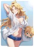  1girl ahoge arm_behind_head arm_up artoria_pendragon_(all) bangs blonde_hair blue_background blue_shorts blush blush_stickers border breasts character_doll closed_eyes closed_mouth collarbone collared_shirt fang fang_out fate/apocrypha fate/stay_night fate_(series) food forehead gradient gradient_background green_eyes hair_pulled_back highres long_hair mordred_(fate) mordred_(fate)_(all) navel nesoberi no_bra onigiri parted_bangs photoshop_(medium) revision saber shirt short_shorts short_sleeves shorts small_breasts solo stuffed_toy thighs tonee white_border white_shirt 