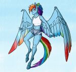  2019 akweer athletic blue_body blue_fur bottomwear breasts clothing feathered_wings feathers female friendship_is_magic fur hair hasbro hi_res hooves multicolored_hair multicolored_tail my_little_pony ponytail rainbow_dash_(mlp) rainbow_hair rainbow_tail rainbow_wings red_eyes shorts sportswear talons wing_claws wings 