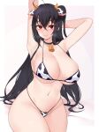  1girl ahoge animal_ears animal_print arms_up azur_lane bangs bare_shoulders bell bikini black_hair breasts collarbone commentary cow_ears cow_horns cow_print cowbell cowboy_shot crossed_bangs eyebrows_visible_through_hair eyelashes groin hair_between_eyes heavy_breathing horns kuavera long_hair looking_at_viewer navel parted_lips red_eyes skindentation smile solo string_bikini swimsuit taihou_(azur_lane) thick_thighs thighs underboob 