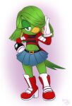  absurd_res anthro avian beak bird boots breasts canary clothed clothing digital_media_(artwork) drxii feathers female finch footwear gloves green_body green_eyes handwear hi_res hoop_earrings looking_at_viewer non-mammal_breasts oscine passerine piercing ravrous simple_background solo sonic_the_comic sonic_the_hedgehog_(comics) sonic_the_hedgehog_(series) tekno_the_canary 