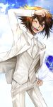  1boy ;d absurdres arm_up blue_flower blue_rose bouquet brown_eyes brown_hair collared_shirt cowboy_shot flower groom highres holding holding_bouquet jacket looking_at_viewer male_focus medium_hair multicolored_hair natsukusa_(hacho129) necktie one_eye_closed open_clothes open_jacket open_mouth pants rose shirt smile solo two-tone_hair vest white_jacket white_neckwear white_pants white_shirt white_vest wing_collar yu-gi-oh! yu-gi-oh!_gx yuuki_juudai 