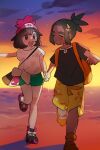  1boy 1girl :d backpack bag bangs beanie blush clenched_hand closed_eyes cloud commentary_request eyelashes green_shorts hat hau_(pokemon) highres holding_hand knees looking_at_another open_mouth orange_bag orange_footwear outdoors picube525528 pokemon pokemon_(game) pokemon_sm running selene_(pokemon) shirt shoes short_shorts short_sleeves shorts shoulder_bag sky smile standing star_(sky) t-shirt teeth tied_shirt twilight yellow_shorts 