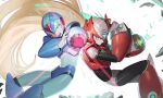  2boys aiming_at_viewer arm_cannon armor blonde_hair bodysuit breastplate chyan copyright_request debris gloves green_eyes helmet highres long_hair looking_at_viewer multiple_boys open_mouth parted_lips rockman rockman_(character) very_long_hair weapon zero_(rockman) 