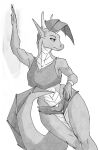  2021 akweer anthro athletic bottomwear breasts clothed clothing dragon female half_lidded_eyes hand_on_hip hi_res horn leaning monochrome muscular navel scalie shaded simple_background sketch sportswear thick_thighs topwear white_background wide_hips 