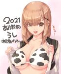  1girl 2021 animal_print bikini bikini_top brown_eyes brown_hair collarbone cow_print hair_ornament hairclip highres kirishima_satoshi long_hair long_sleeves open_clothes open_shirt original print_bikini school_uniform solo swimsuit upper_body white_bikini 