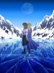  2girls blonde_hair blue_moon bow brown_hair dress erisauria frozen_lake highres lake landscape maribel_hearn moon mountain multiple_girls nature necktie no_hat no_headwear outdoors purple_dress ribbon scenery shattered snow star_(sky) touhou usami_renko winter 