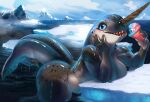 anthro bent_over big_breasts blue_eyes blush breasts cetacean delphinoid dessert detailed_background female fivel food glistening glistening_body glistening_skin hi_res iceberg looking_at_viewer mammal marine monodontid narwhal nude outside partially_submerged sea sharp_teeth slightly_chubby smile snow_cone solo spots teeth thick_thighs toothed_whale water wet 