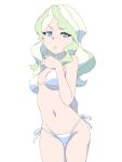  1girl arm_behind_back bikini blonde_hair blue_eyes blush breasts covered_nipples cowboy_shot diana_cavendish embarrassed flipped_hair frown groin hand_up little_witch_academia long_hair looking_at_viewer medium_breasts micro_bikini multicolored_hair navel raised_eyebrow satochi_(twitter) side-tie_bikini simple_background solo sweatdrop swimsuit wavy_hair white_background white_bikini 
