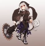  1girl amonitto arknights black_legwear blush chain_necklace circular_saw clothing_cutout fingernails flat_chest full_body grey_hair habit holding holding_weapon long_sleeves pelvic_curtain puffy_long_sleeves puffy_sleeves purple_nails red_eyes shoes short_hair slit_pupils sneakers solo specter_(arknights) tail thigh_cutout thigh_strap thighhighs weapon 