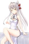  1girl amatsukaze_(kantai_collection) armpits bangs blush breasts china_dress chinese_clothes cleavage closed_mouth dress eyebrows_visible_through_hair hair_ornament hand_up highres kantai_collection leg_up long_hair looking_at_viewer parufeito sidelocks silver_hair simple_background sitting small_breasts smile solo thighs twintails white_background yellow_eyes 
