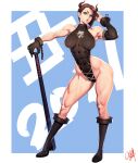  1girl 2021 abs absurdres black_footwear boots breasts brown_eyes brown_hair chinese_zodiac commentary_request gloves highleg highleg_swimsuit highres horns knee_boots looking_at_viewer muscular muscular_female ogami original short_hair single_glove solo swimsuit weapon_request year_of_the_ox 