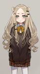  1girl abigail_williams_(fate/grand_order) absurdres bangs black_bow blonde_hair blue_eyes blush bow bowtie brown_skirt candy collar commentary curly_hair double_bun english_commentary fate/grand_order fate_(series) food food_in_mouth forehead hair_bow hair_bun highres lollipop long_hair long_sleeves looking_at_viewer pantyhose parted_bangs school_uniform sidelocks skirt sleeves_past_wrists solo standing sweater white_legwear yellow_bow yuu_(higashi_no_penguin) 