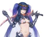  1girl bangs bikini black_ribbon breasts circlet commentary copyright_request eyebrows_behind_hair flaming_sword flaming_weapon gauntlets green_eyes grey_bikini hair_between_eyes hair_ribbon hands_up highres holding holding_sword holding_weapon long_hair looking_at_viewer medium_breasts navel parted_lips purple_hair qiongsheng ribbon see-through smile solo swimsuit sword twintails veil very_long_hair watermark weapon white_background 