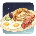  bacon blue_background butter egg english_text food food_focus fried_egg fruit gradient gradient_background grapes kiwi_slice kiwifruit le_delicatessen meat no_humans original pancake plate simple_background sparkle stack_of_pancakes still_life syrup white_background 